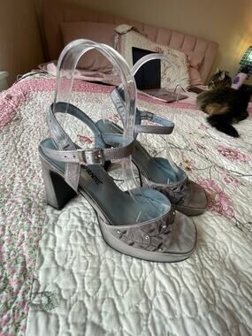 upcyled gray whimsygoth and embroidered heels